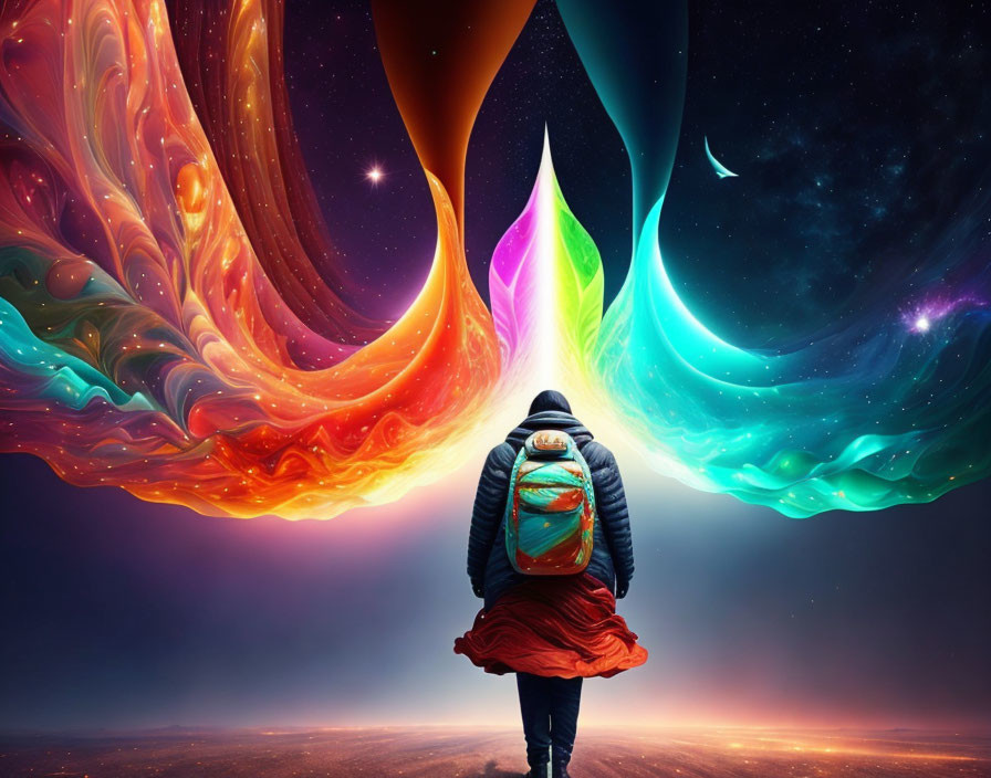 Backpack-wearing person in front of swirling colorful vortex