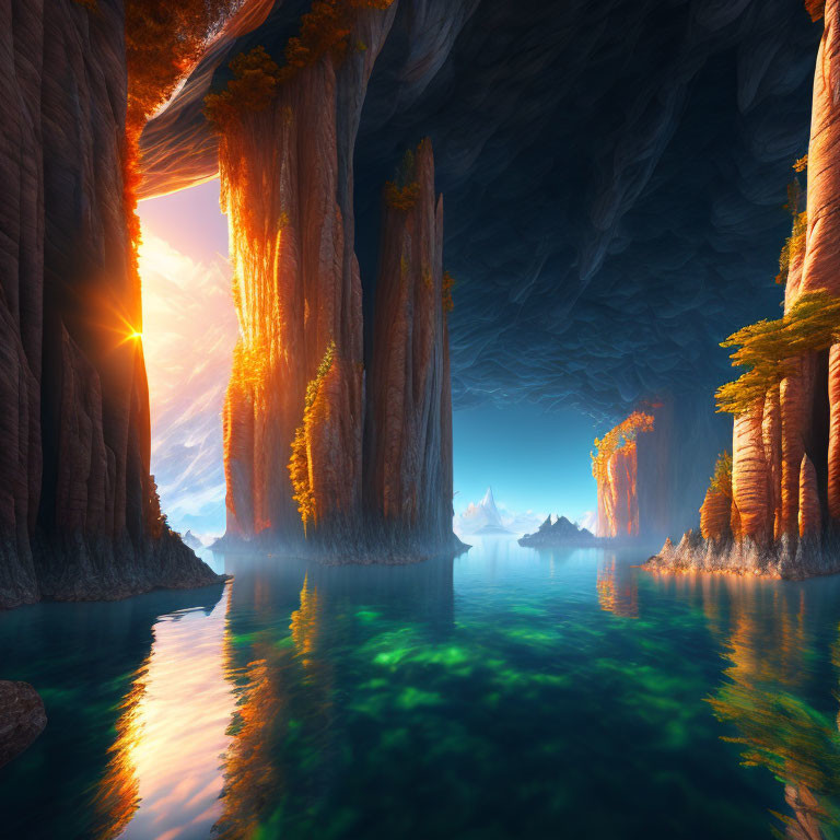 Mystical underground cavern with towering rock columns and turquoise waters