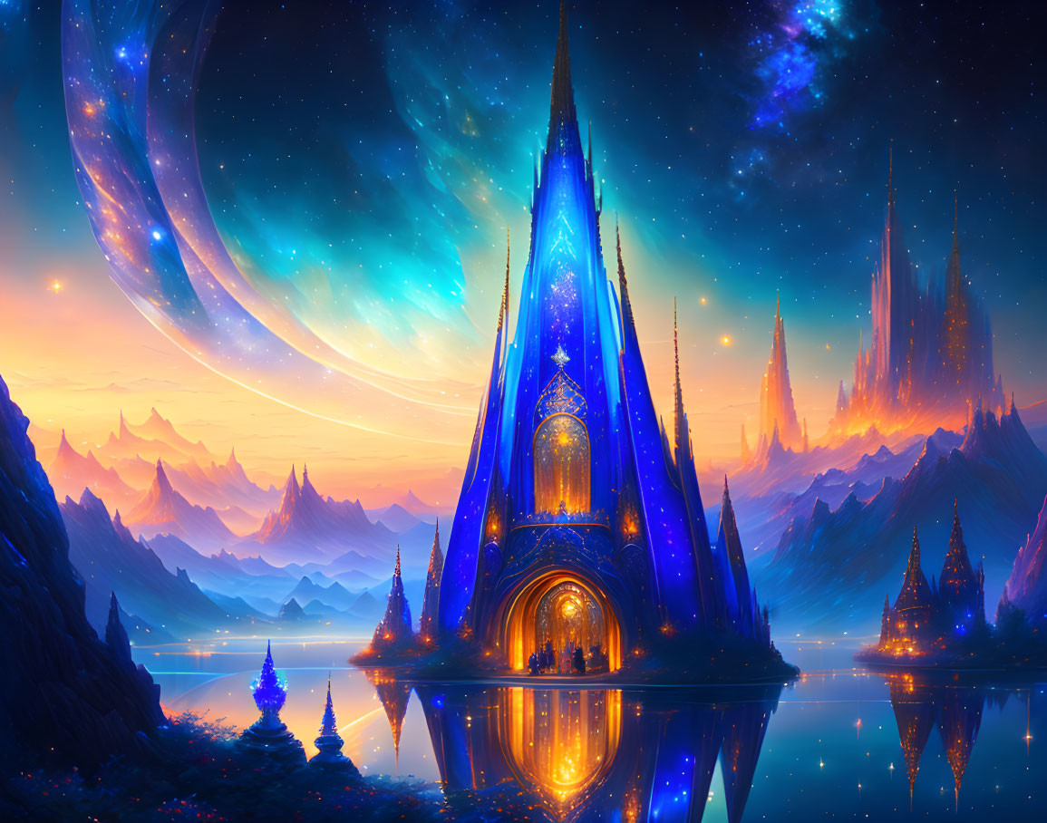 Glowing blue castle in mountainous terrain with cosmic backdrop