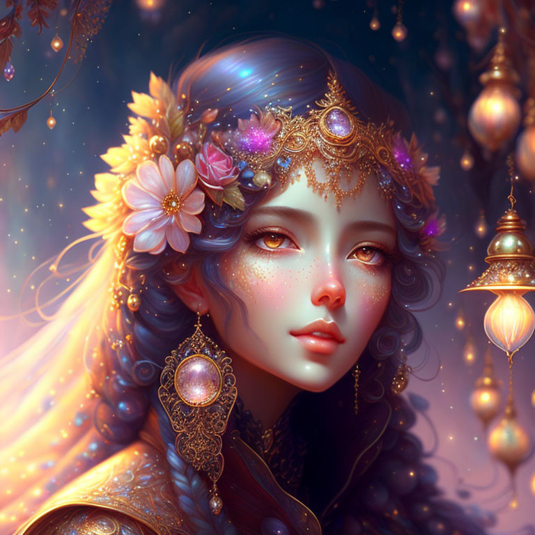 Digital artwork: Woman with floral headpiece and golden jewelry in twilight setting