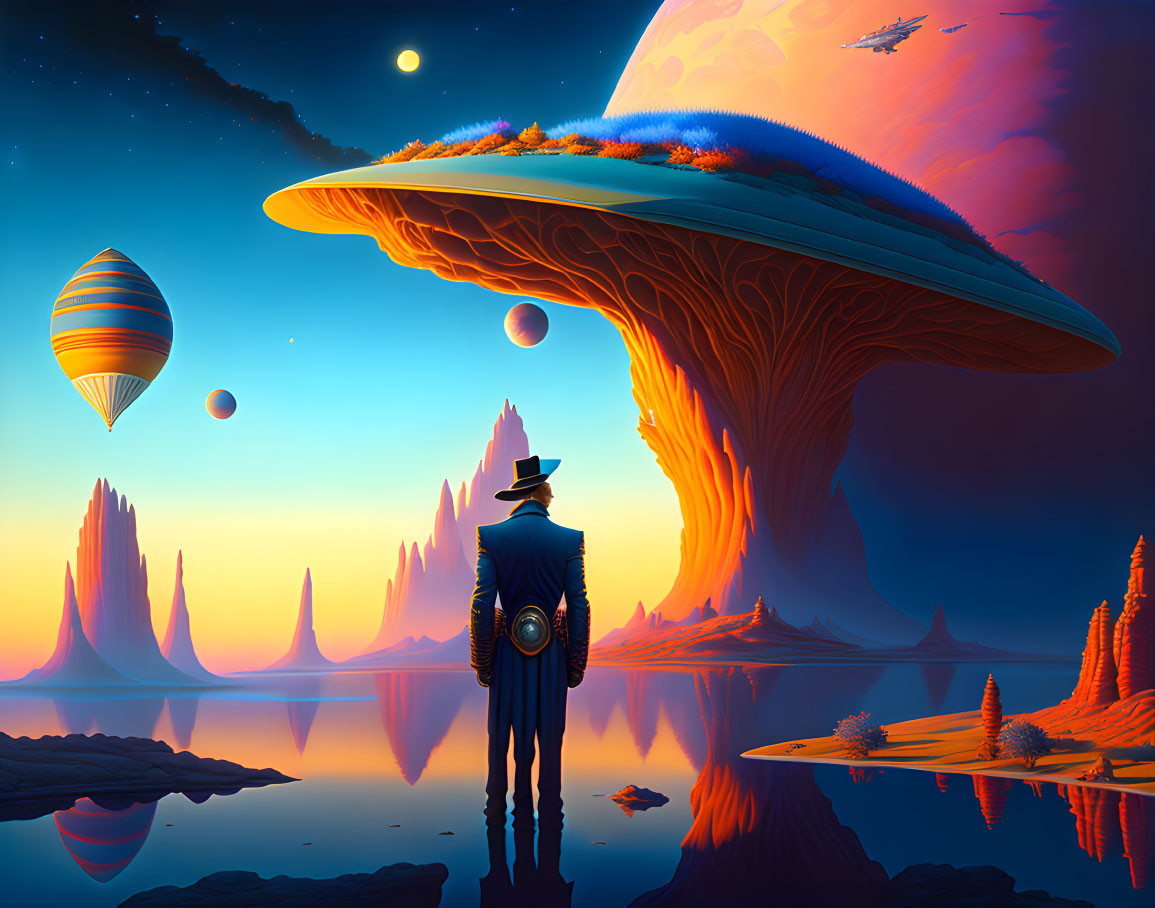 Surreal landscape with giant mushroom-like structures and alien flora