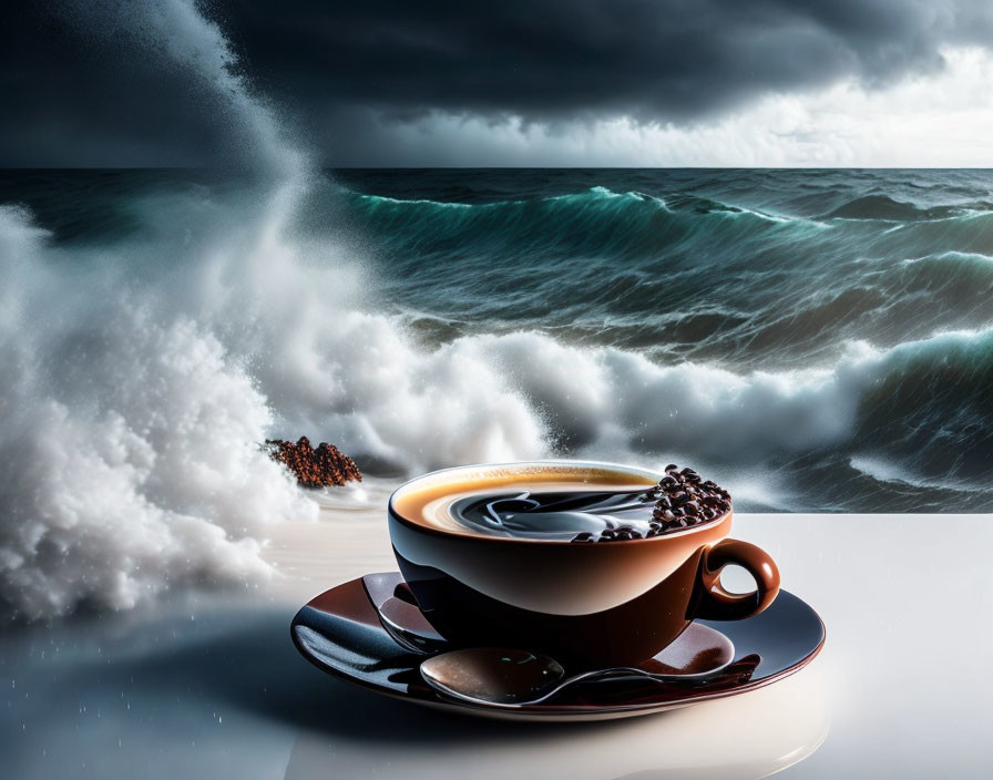 Coffee Cup with Beans on Stormy Seas Background