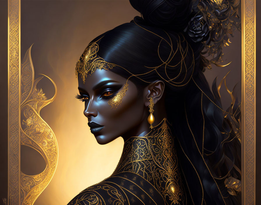 Detailed digital artwork of woman with golden hair embellishments, ornate jewelry, and black & gold makeup