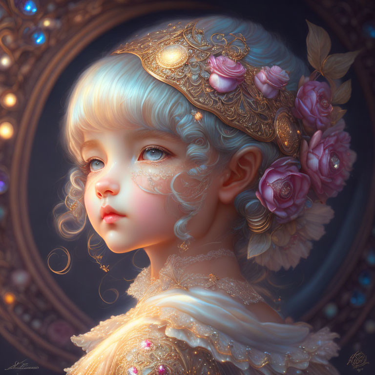 Illustrated portrait of young girl with blue hair in ornate gold and rose headpiece against circular background