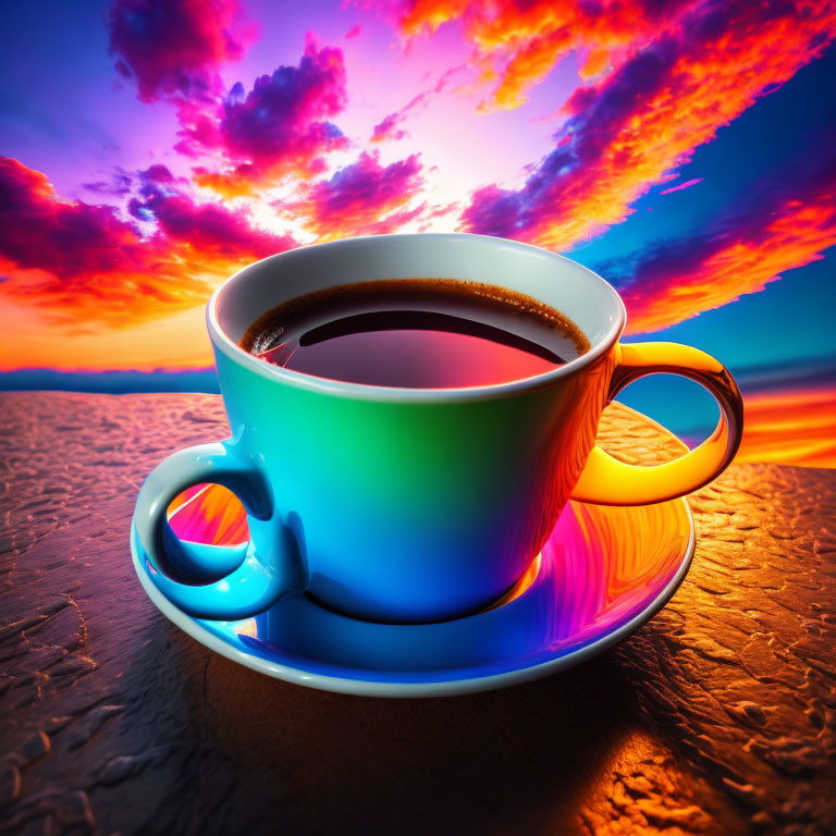 Steaming coffee cup on saucer against fiery sunset backdrop