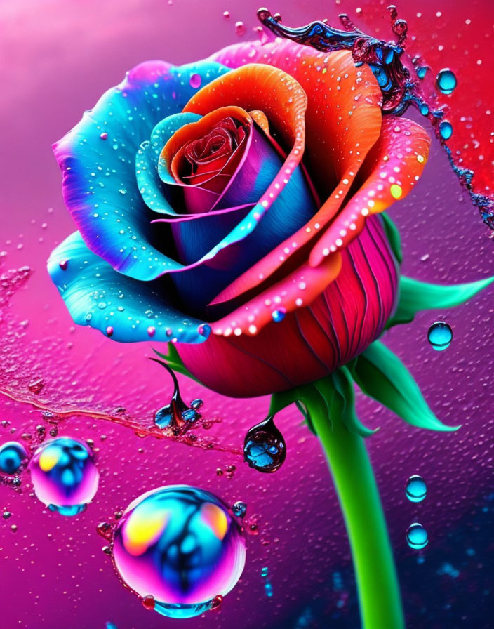 Colorful Rose with Blue, Pink, and Orange on Water Droplets Background