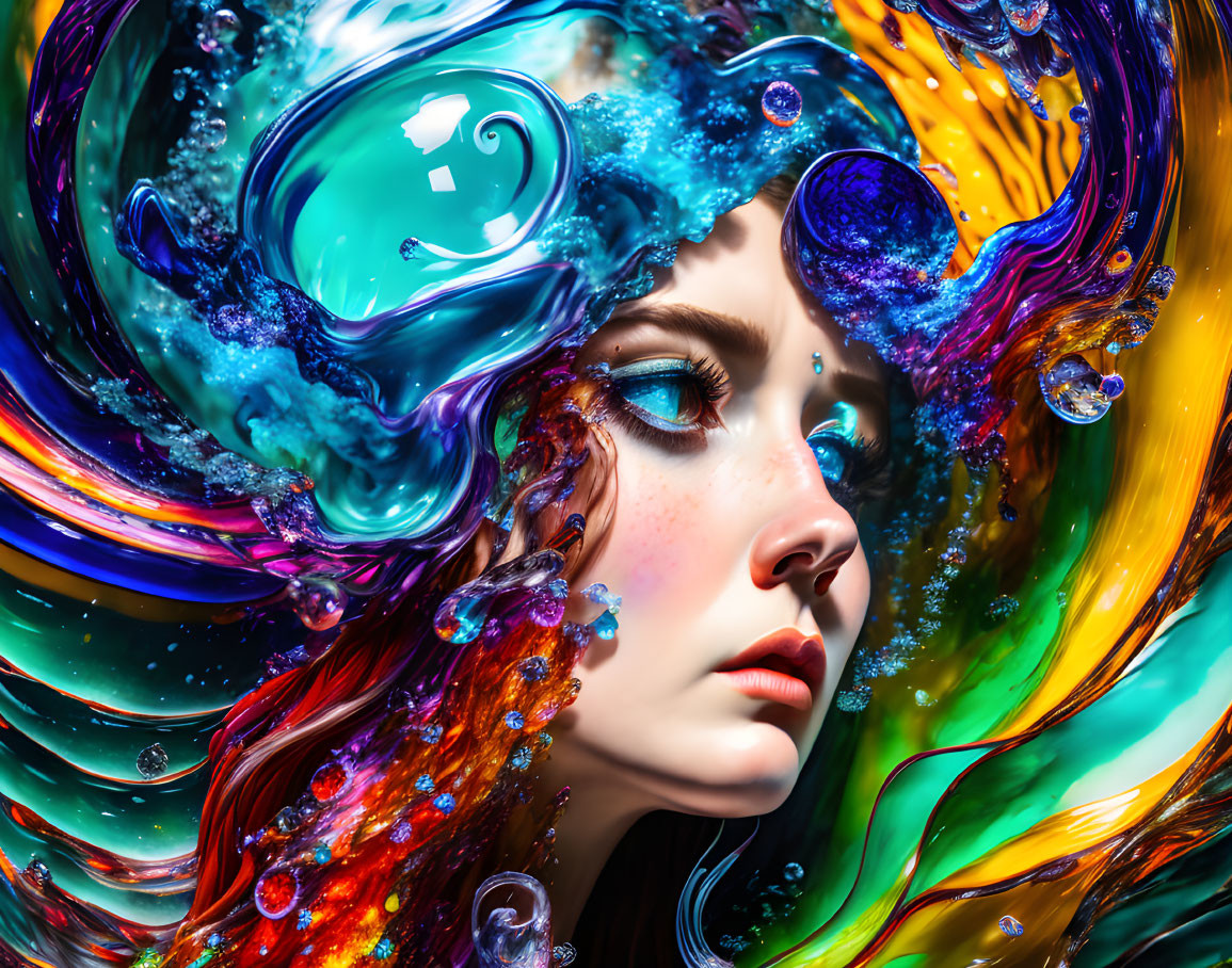 Colorful digital art featuring woman with flowing paint swirl hair