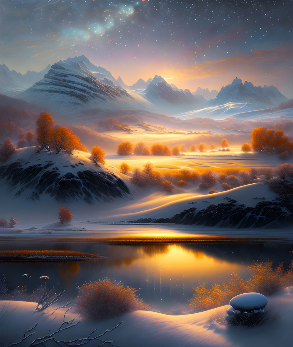 Twilight landscape with reflective lake, snowy peaks, starry sky, and autumnal trees