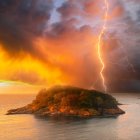 Stormy Seascape with Lightning Strikes and Fiery Sunset