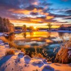 Tranquil snow-covered landscape at vivid sunrise