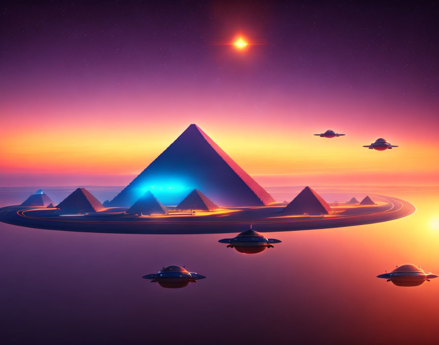 Central pyramid surrounded by smaller pyramids under twilight sky with glowing blue light and hovering saucers