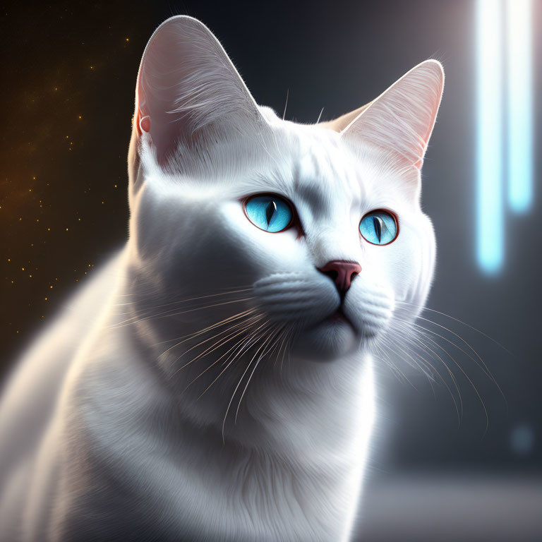 White Cat with Striking Blue Eyes in Soft Glow against Dark Starry Background