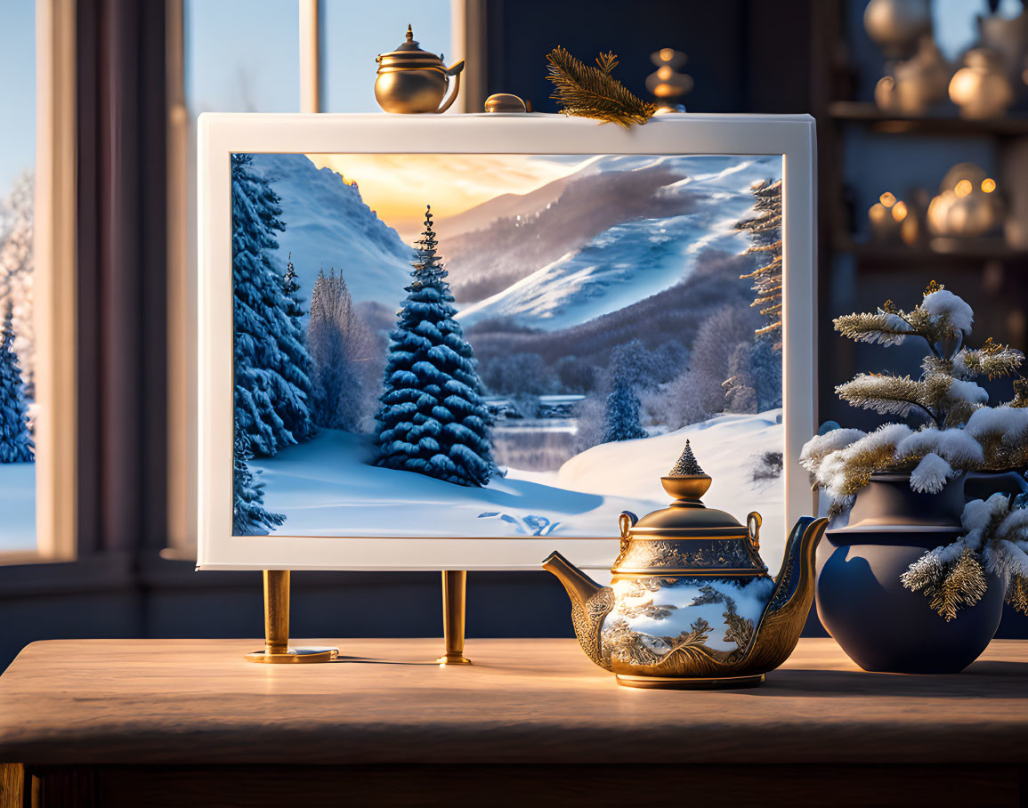 Winter landscape painting with golden teapot and snow-covered branch on easel.