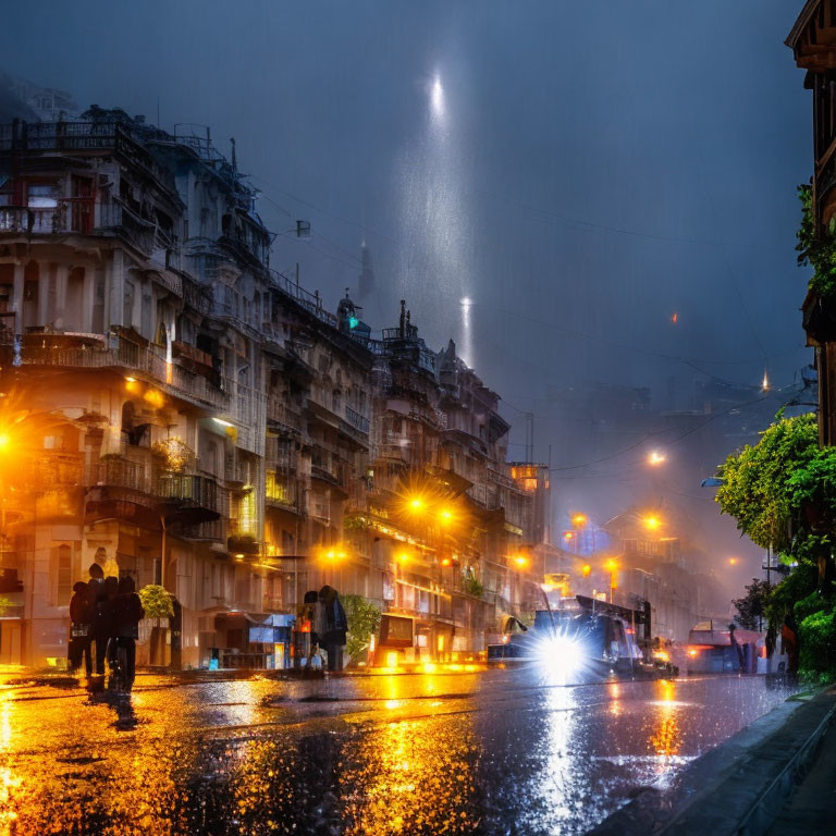 Twilight cityscape: rain-soaked street, illuminated buildings, pedestrians with umbrellas, and car