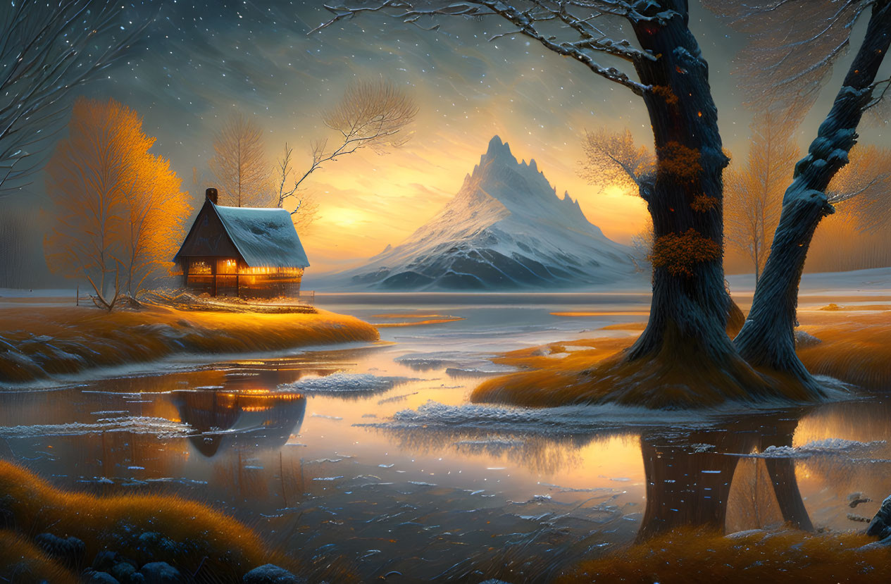 Winter landscape: cozy cottage, frozen river, autumn trees, majestic mountain at sunset