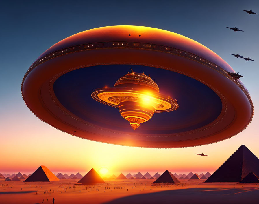 Alien spacecraft hover over Egyptian pyramids at sunset