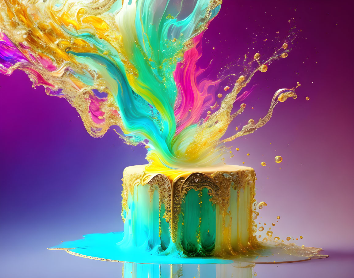 Colorful liquid explosion from cylindrical shape on reflective surface against purple background