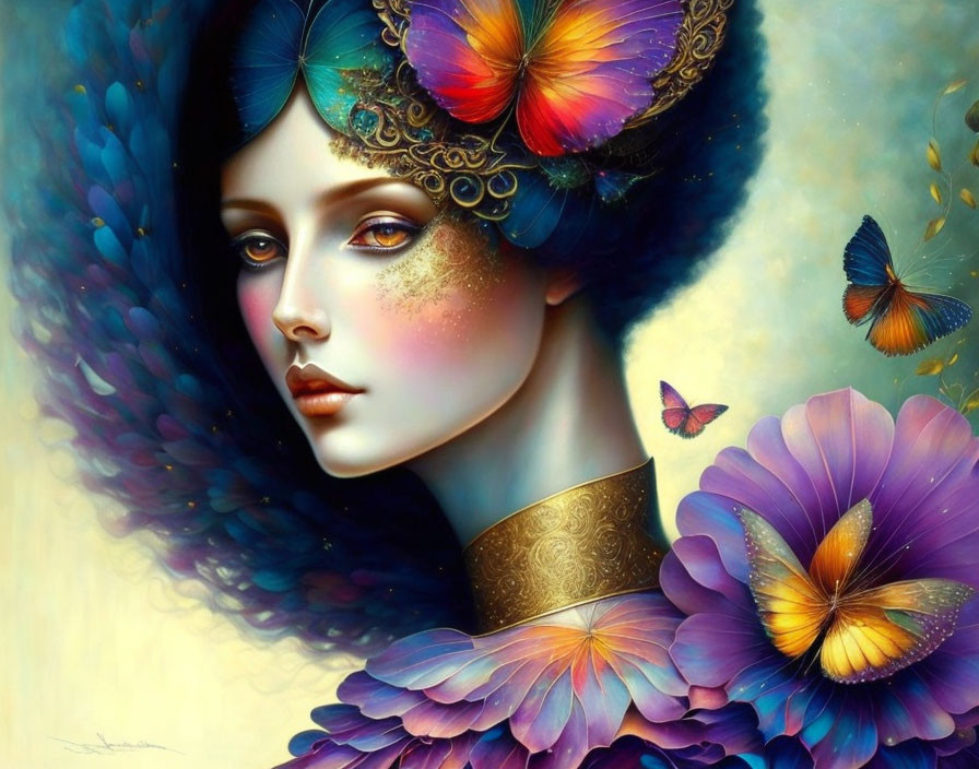 Colorful digital artwork: Woman in butterfly-themed attire