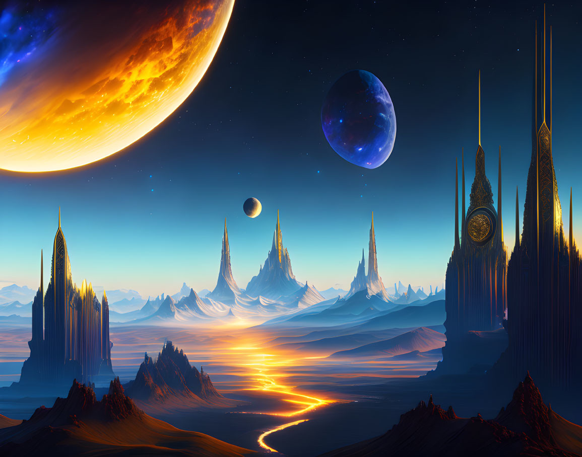 Futuristic landscape with towering spires, lava river, and multiple moons