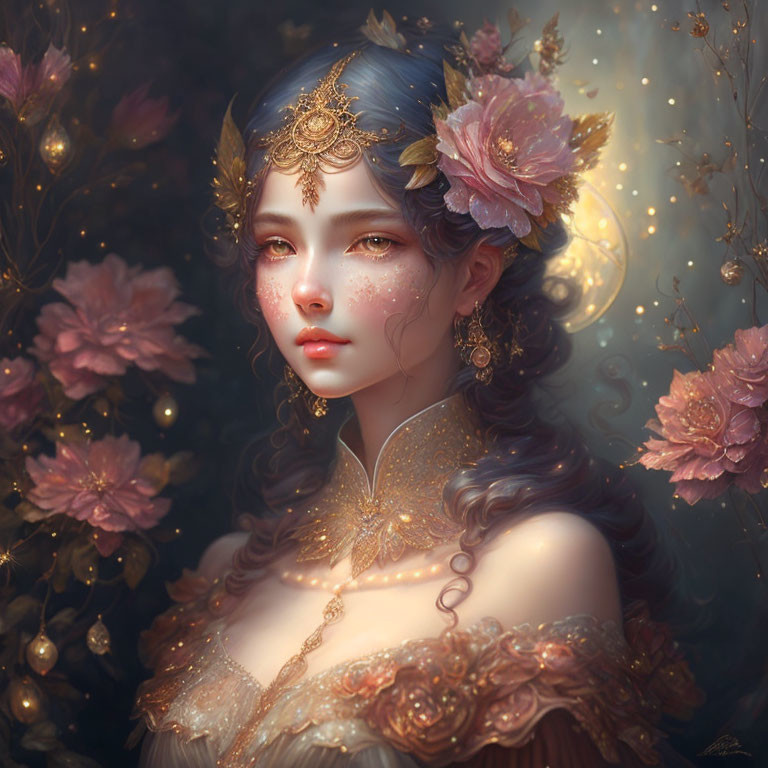 Ethereal woman adorned with jewelry and flowers in a mystical setting