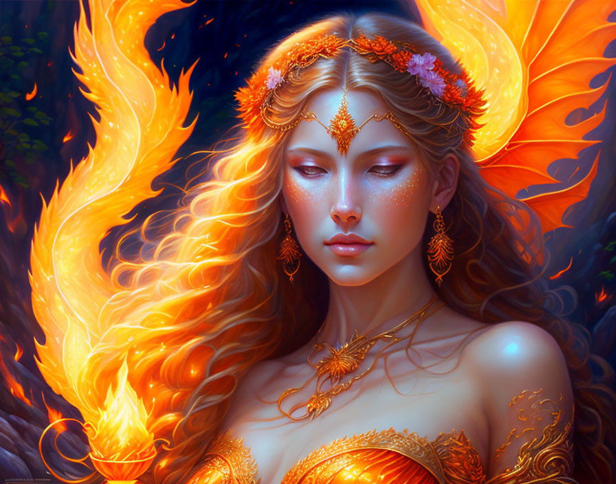 Illustration: Woman with Fiery Orange Hair and Gold Attire in Flames