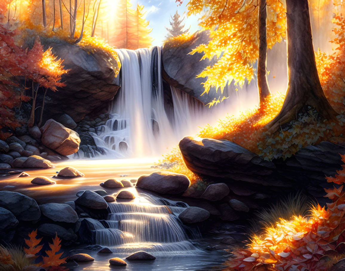 Autumn waterfall surrounded by golden foliage and sunlight reflections