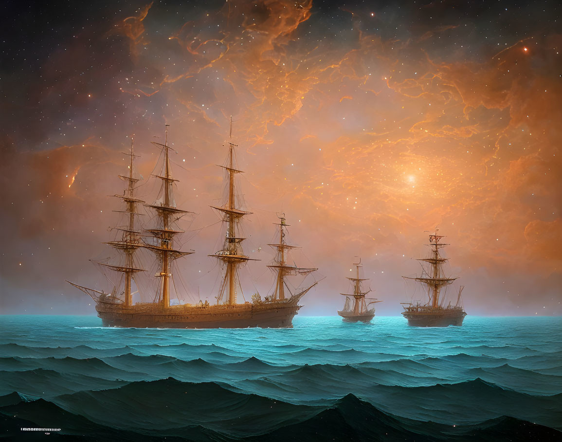 Tall ships on turbulent seas under nebula-streaked sky