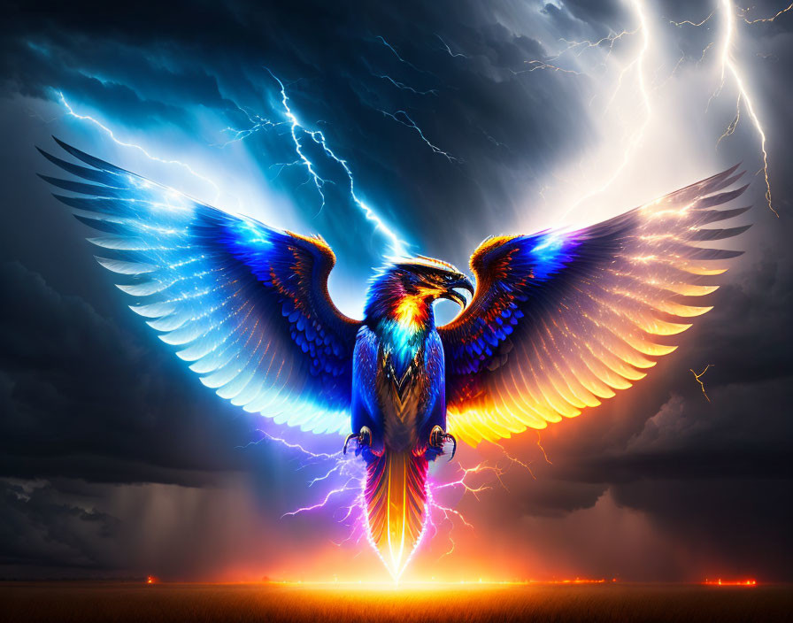 Colorful Phoenix with Spread Wings in Lightning Storm