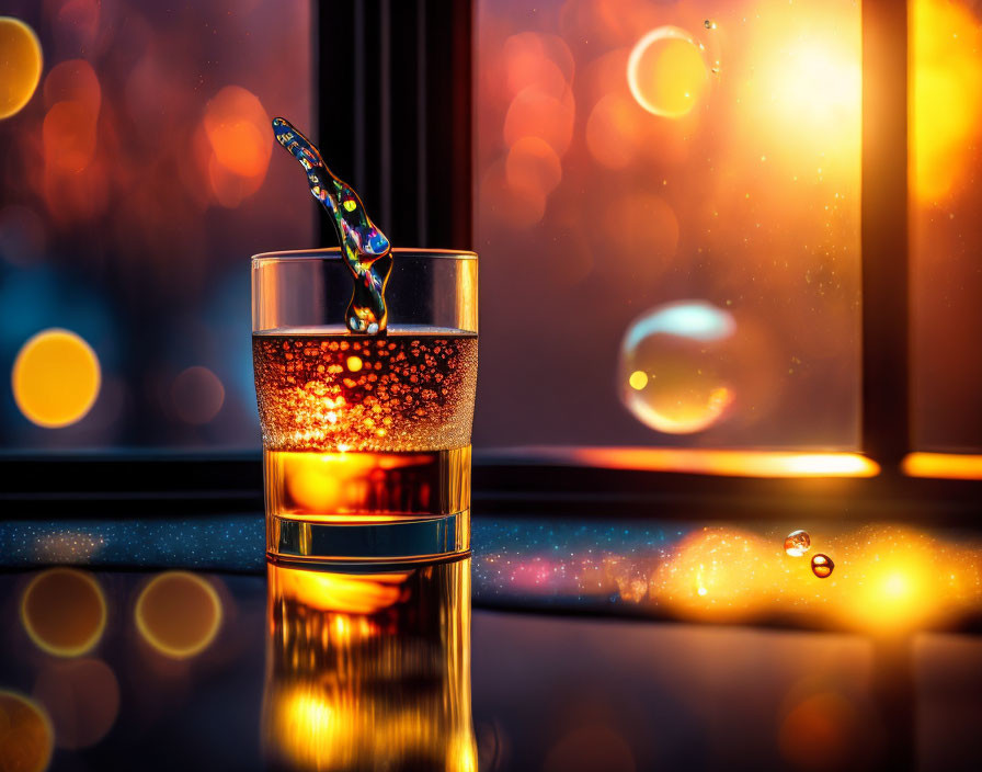 Colorful knife on sparkling liquid glass with bubbles and bokeh lights