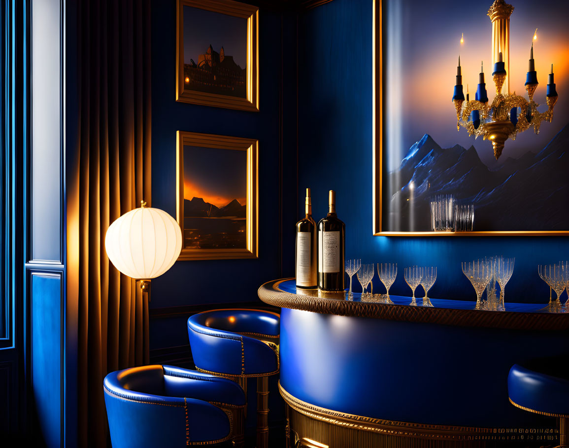 Sophisticated Home Bar with Blue Velvet Chairs and Mountain Painting