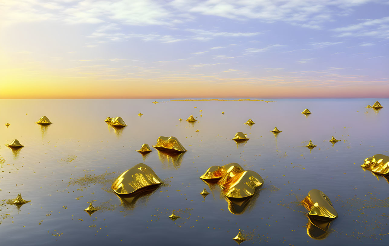 Golden paper boats and stars on calm sea sunset.