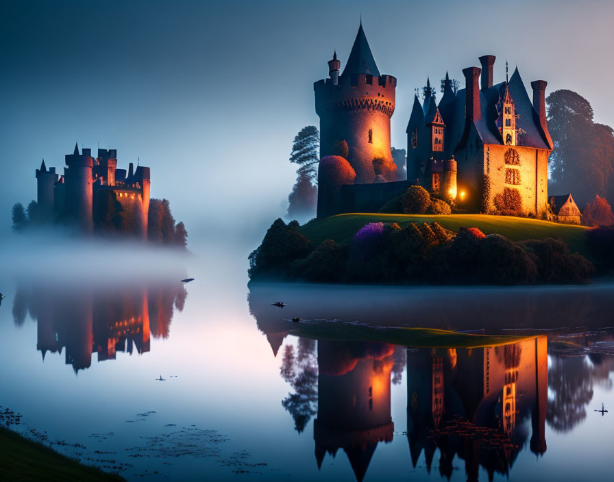 Twilight scene: Two illuminated castles mirrored in calm lake