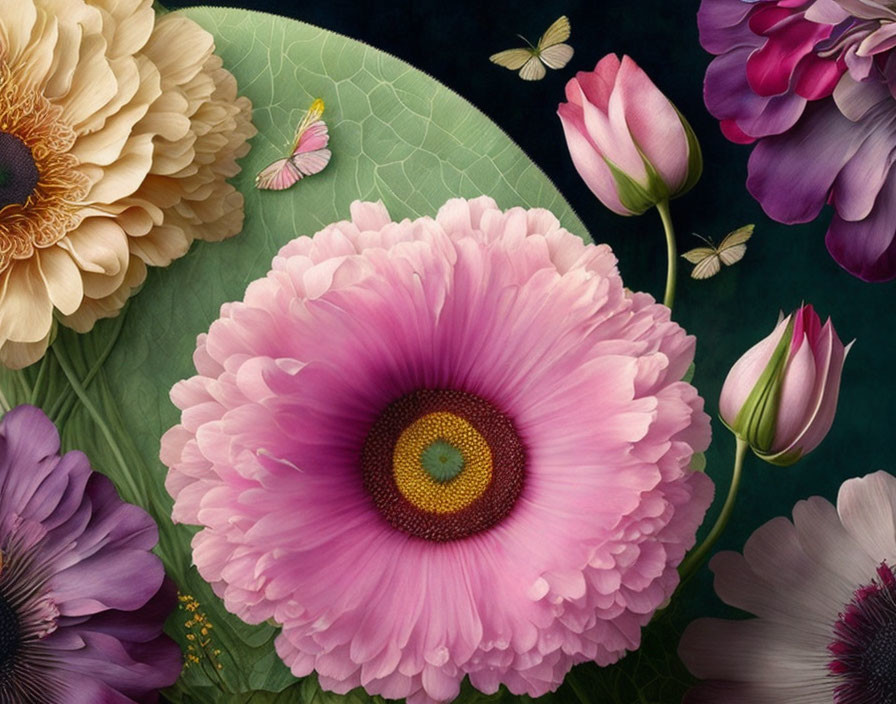 Colorful Flower Still Life with Pink Gerbera on Dark Background