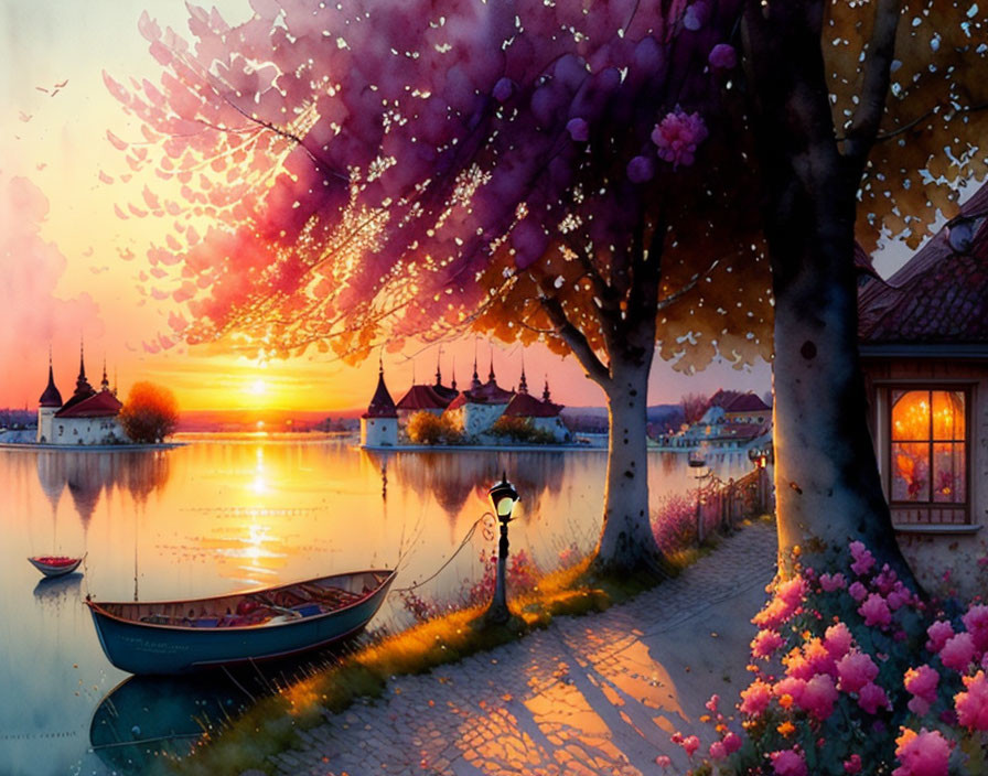 Tranquil sunset scene: lake, boats, trees, streetlamp, houses.