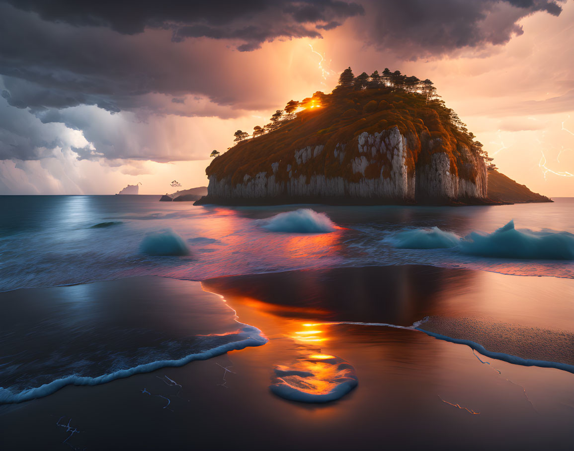 Scenic island landscape with dense trees, dramatic sky, setting sun, lightning, and gentle waves