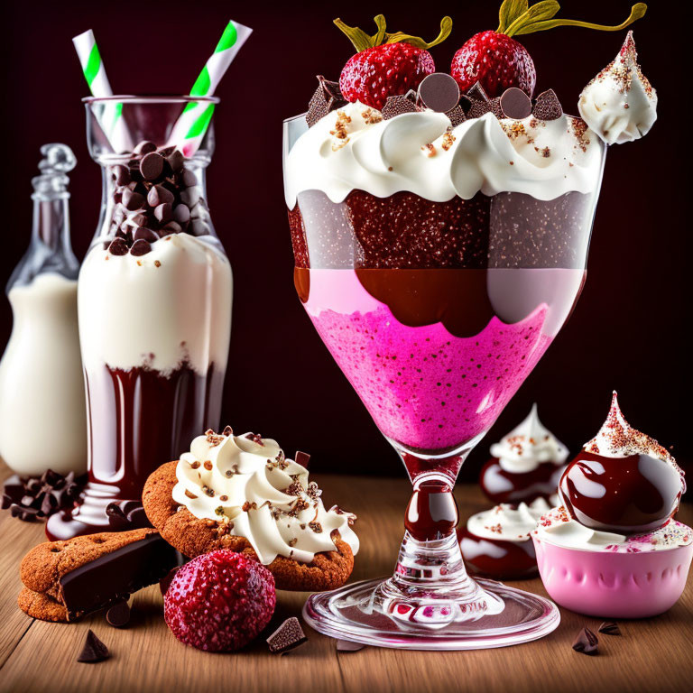 Layered Parfait, Milkshake, Chocolate, Cookies, and Strawberries on Dark Background