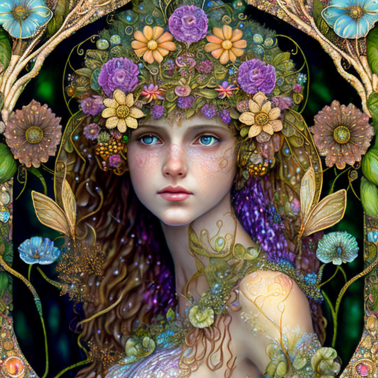 Fantasy female figure with vibrant floral headdress and intricate details