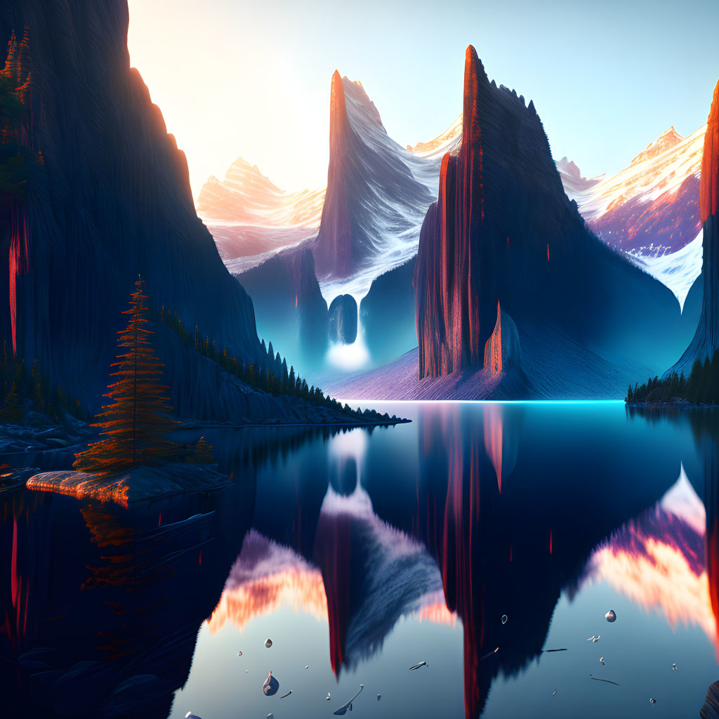 Surreal landscape: calm lake, towering mountains, twilight sky