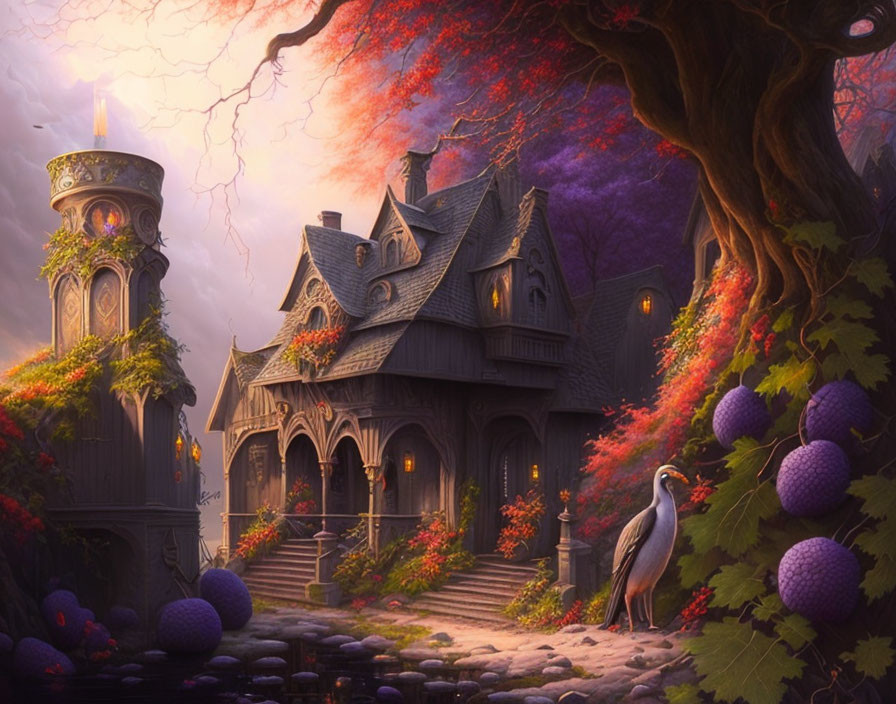 Gothic-style house surrounded by autumn foliage with stately bird under purple sky