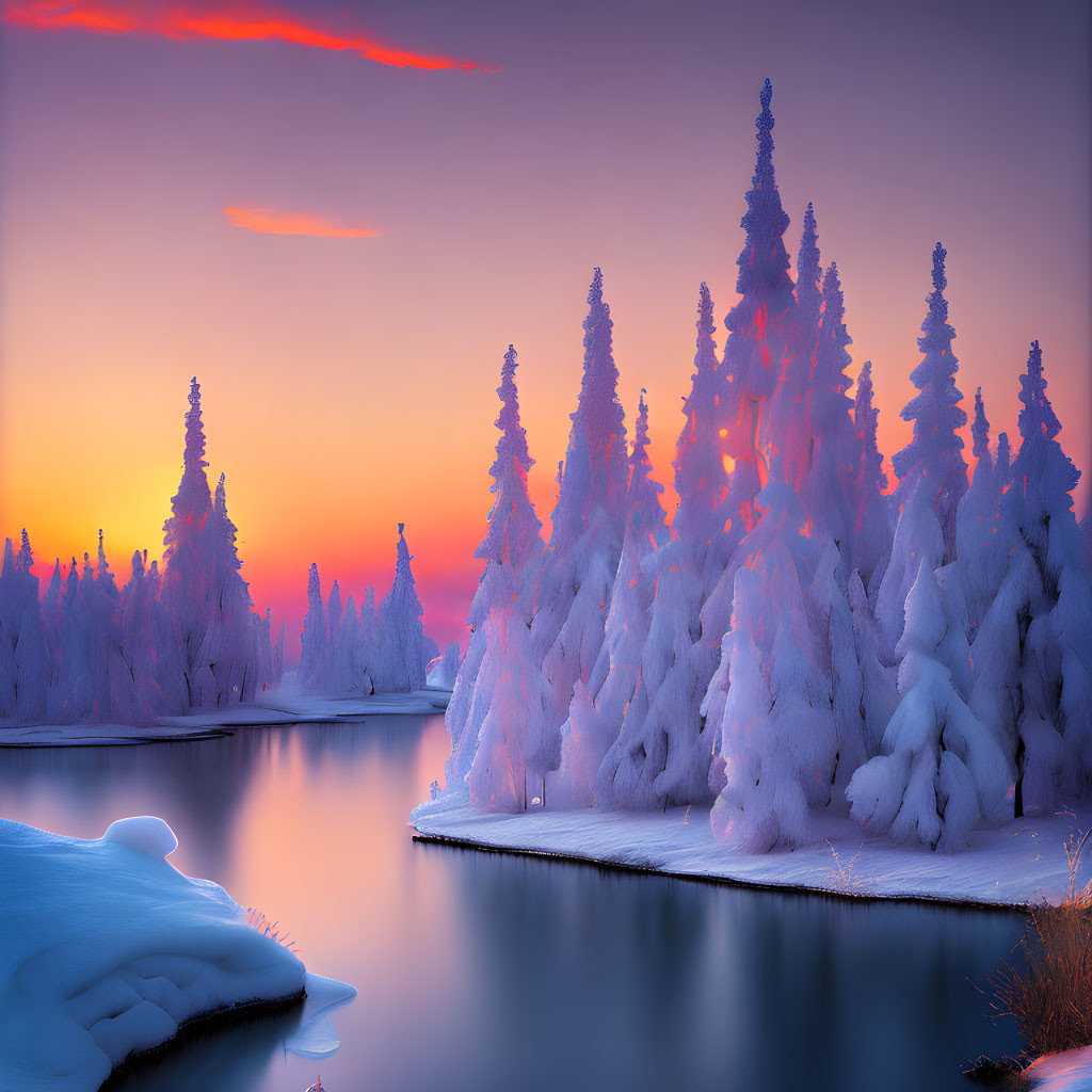 Twilight snow-covered trees with pink and orange sky over tranquil water