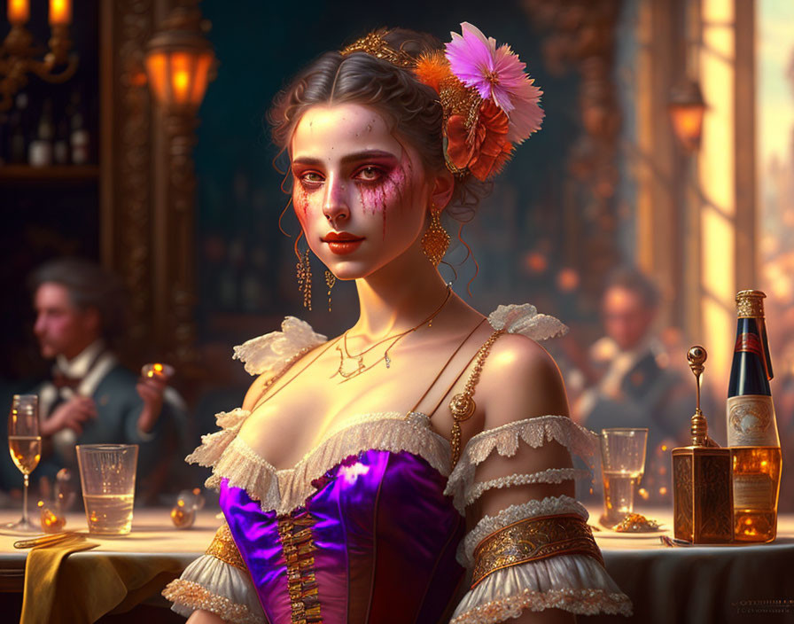 Historical woman in lavish dress at banquet table with artistic makeup