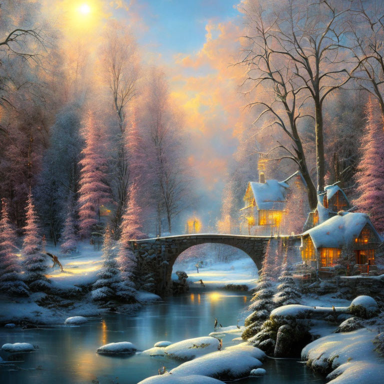 Snow-covered bridge and illuminated houses in tranquil winter sunset