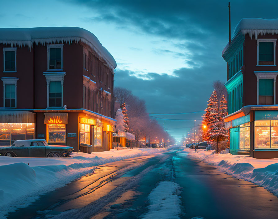 Snow-covered street at twilight with illuminated buildings, fir trees, and parked car