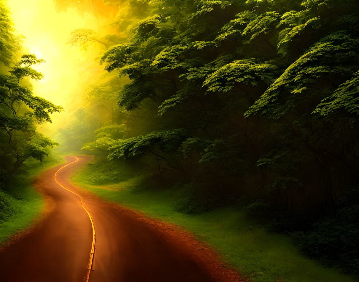 Scenic winding road in lush green forest with warm sunlight