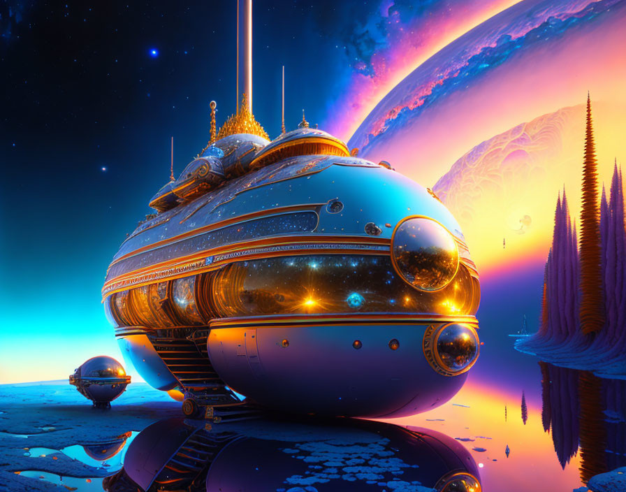 Futuristic spacecraft with illuminated domes on vibrant alien planet