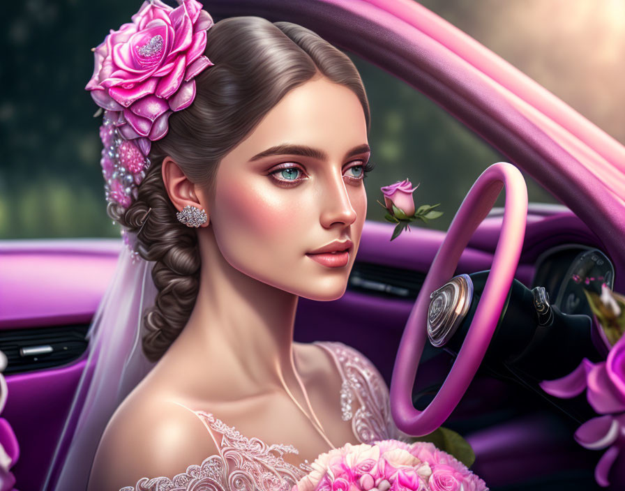 Woman with floral hairpiece in pink car holding rose, surrounded by elegant lace and soft pink hues