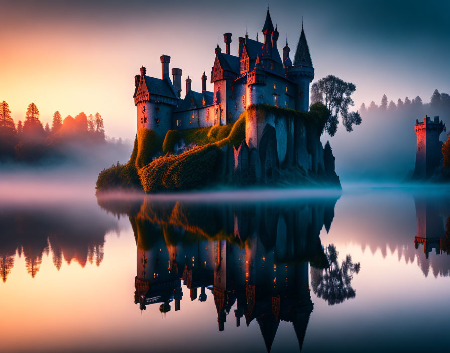 Majestic castle spires mirrored in misty lake at sunrise or sunset