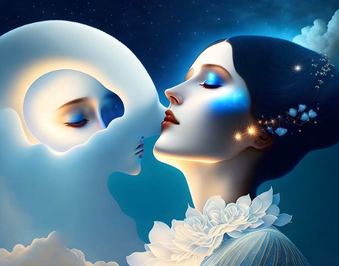 Surreal image of luminous makeup woman and moon face in starry sky