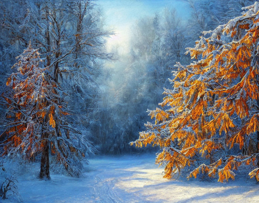 Snow-covered trees in golden winter sunlight.