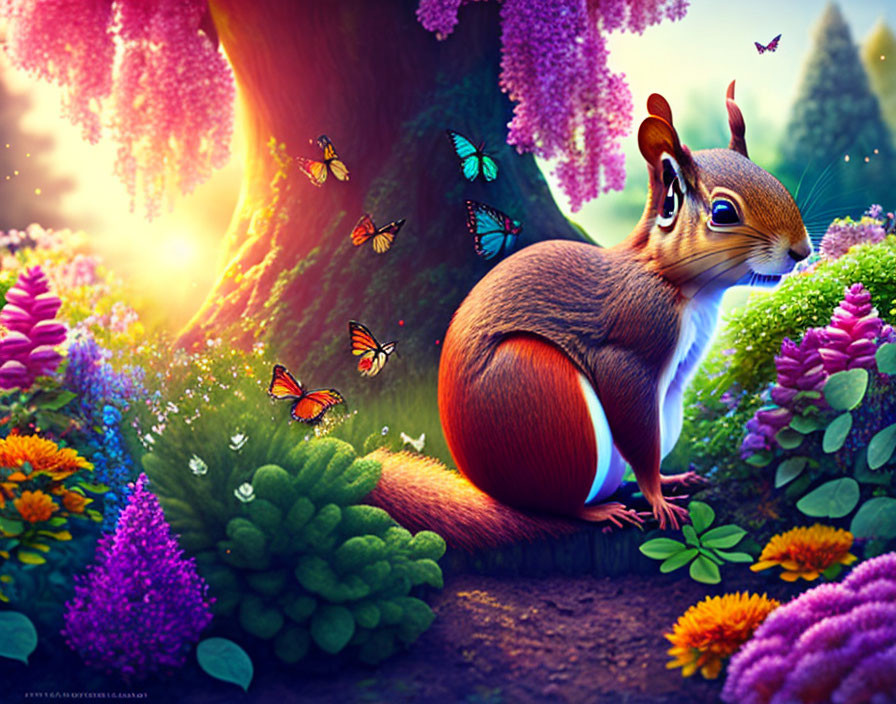 Colorful Illustration of Wide-Eyed Squirrel in Magical Garden